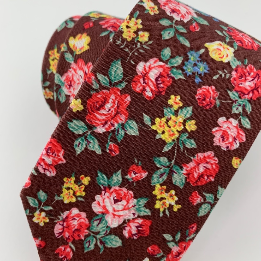 Men’s Brown Bohemian Floral Slim Necktie - Picture 3 of 4